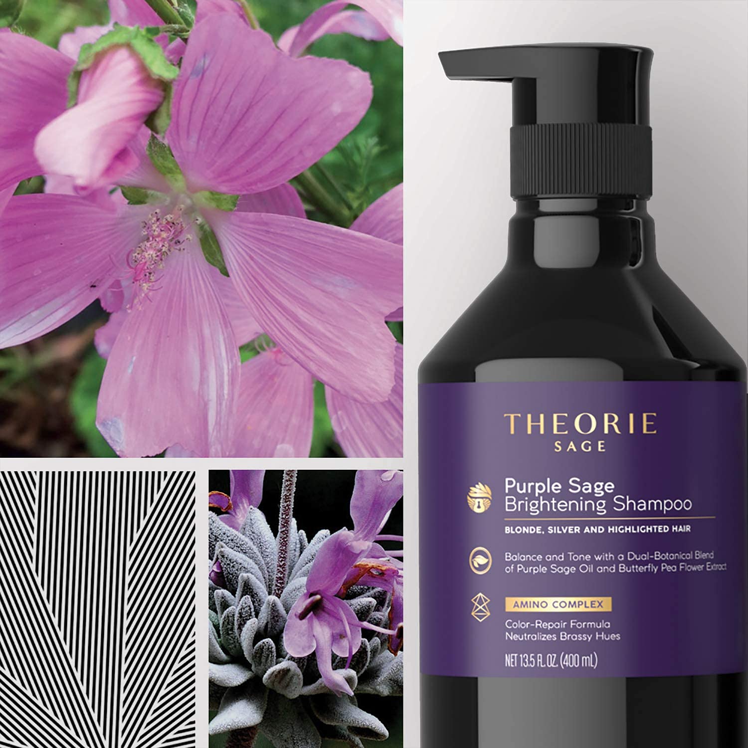 THEORIE Purple Sage Brightening Shampoo- Balance, Tone & Brighten Blonde, Silver, Grey, Bleached, Color Treated or Highlighted Hair, Eliminate Brassiness & Yellowing, 400mL